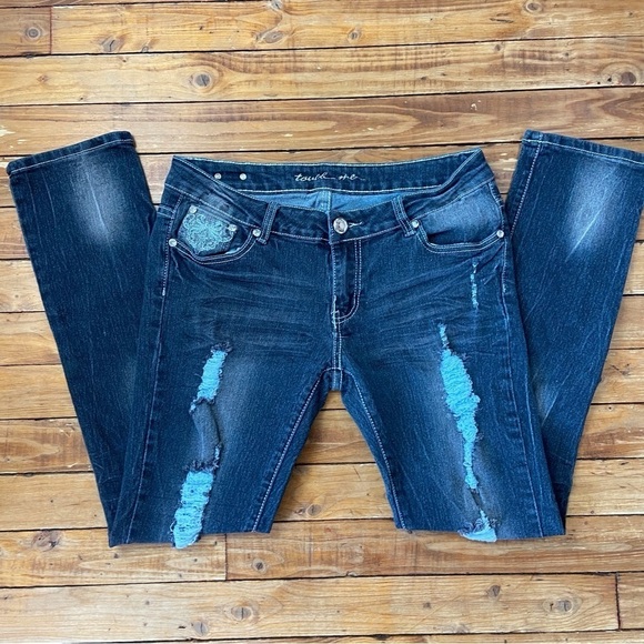 TOUCH Me jeans crystal embellishments flap pockets low rise ripped size 11-12 - Picture 2 of 14